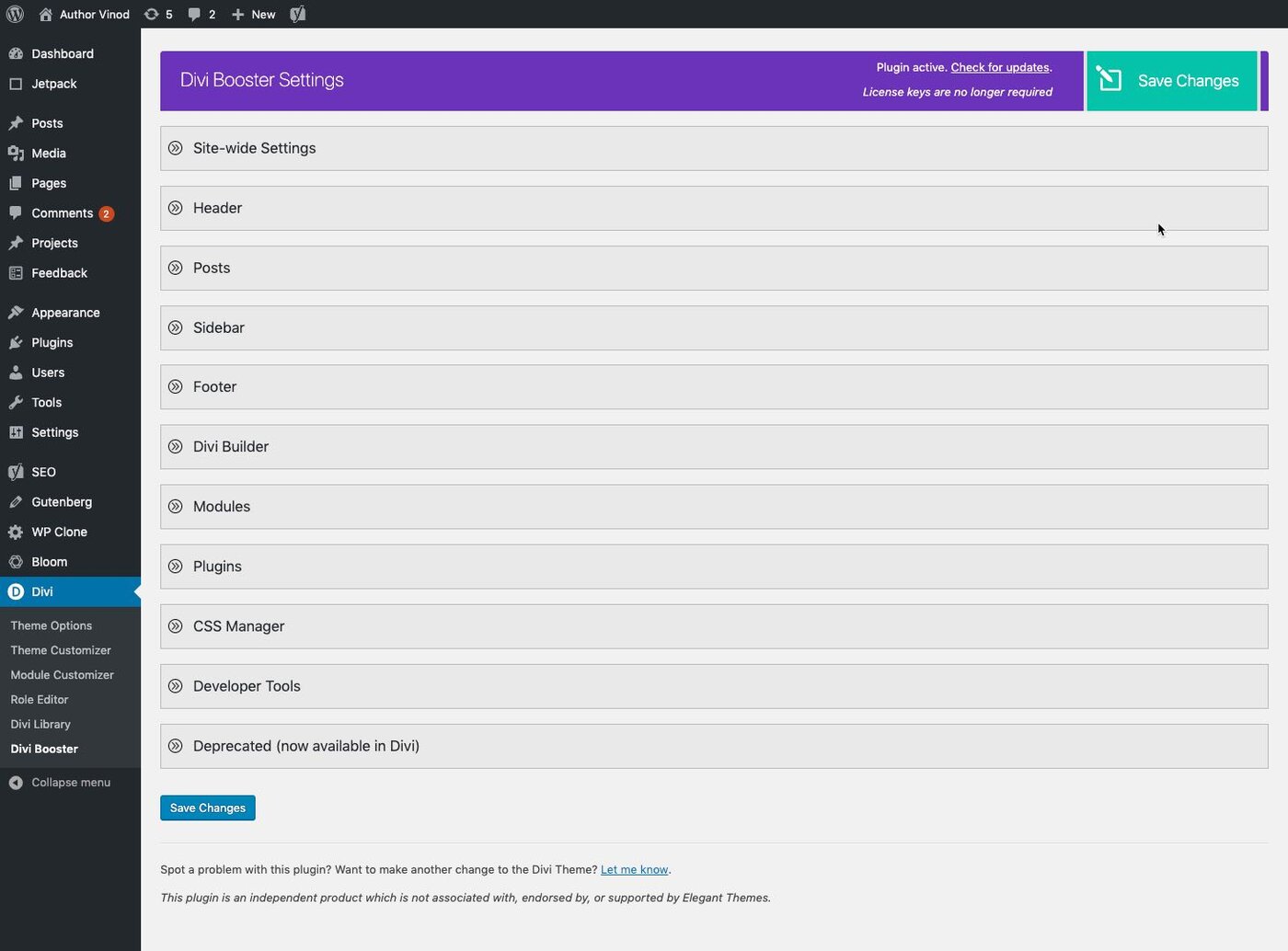 Divi Booster Configuration Page